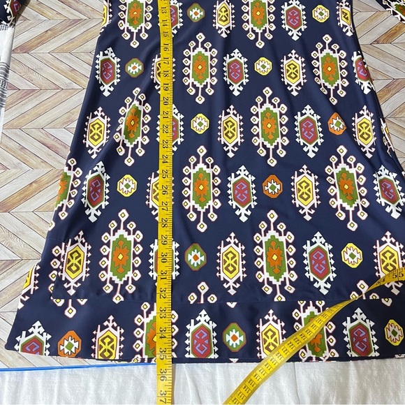 Jude Connally Navy Blue Boat Neck Shift‎ Dress V-Neck Retro Print 70's Stretch - Picture 9 of 9